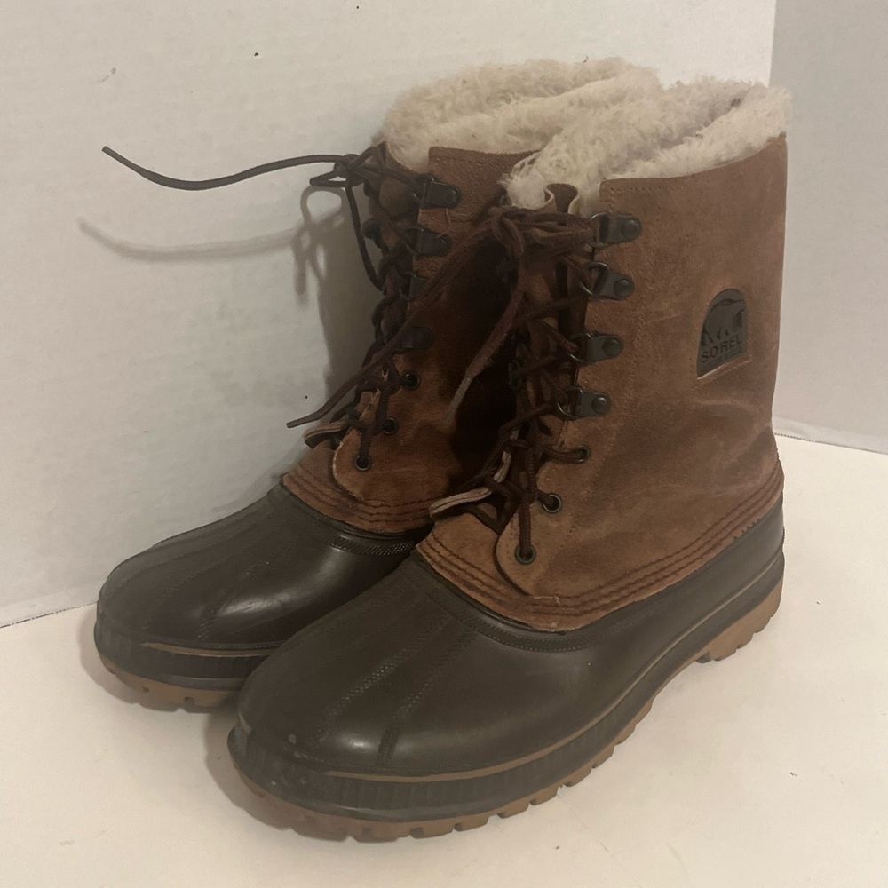 Sorel Kaufman Leather Rubber Duck Boots 10 Brown Waterproof Lined Steel Shank.